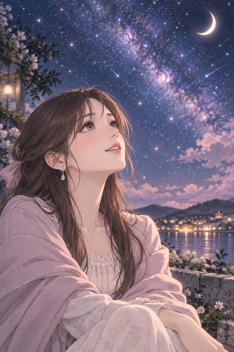 夜空を見上げる女性のイラスト